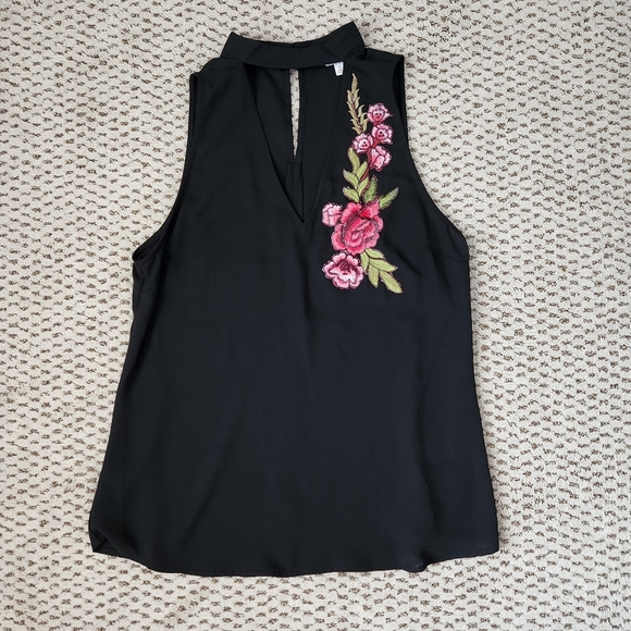 Candie's Black Chiffon Top with Embroidered Flowers - Picture 2 of 6